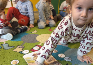 Dzieci z grupy I wskazują obrazki, które paleontolog potrzebuje do swojej pracy