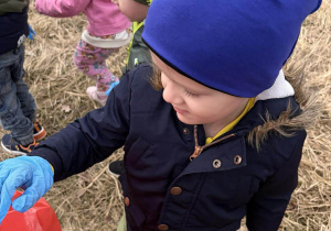Kacper, Olek i inne dzieci z pierwszej grupy sprzątają śmieci w pobliżu Skate Parku