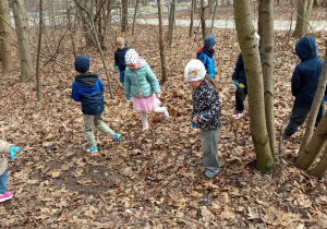 Dzieci szukające śmieci w lasku