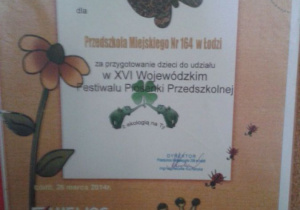 Dyplom za udział w Wojewódzkim Festiwalu Piosenki Przedszkolnej