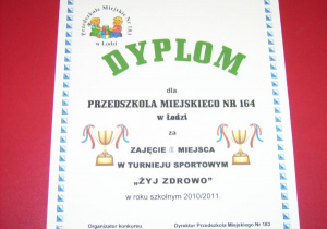 Dyplom za zajęcie III miejsca w turnieju sportowym 