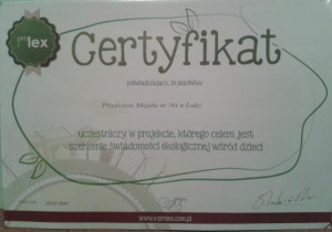 Certyfikat za uczestnictwo w projekcie, którego celem jest szerzenie świadomości ekologicznej wśród dzieci 